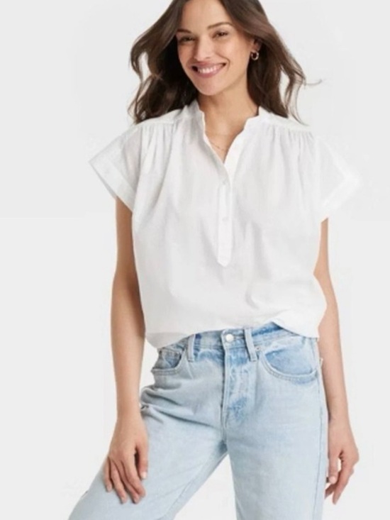 Universal Thread Tops - Universal Thread Women’s White Blouse Short Sleeve Button Front Cotton Top Sz L